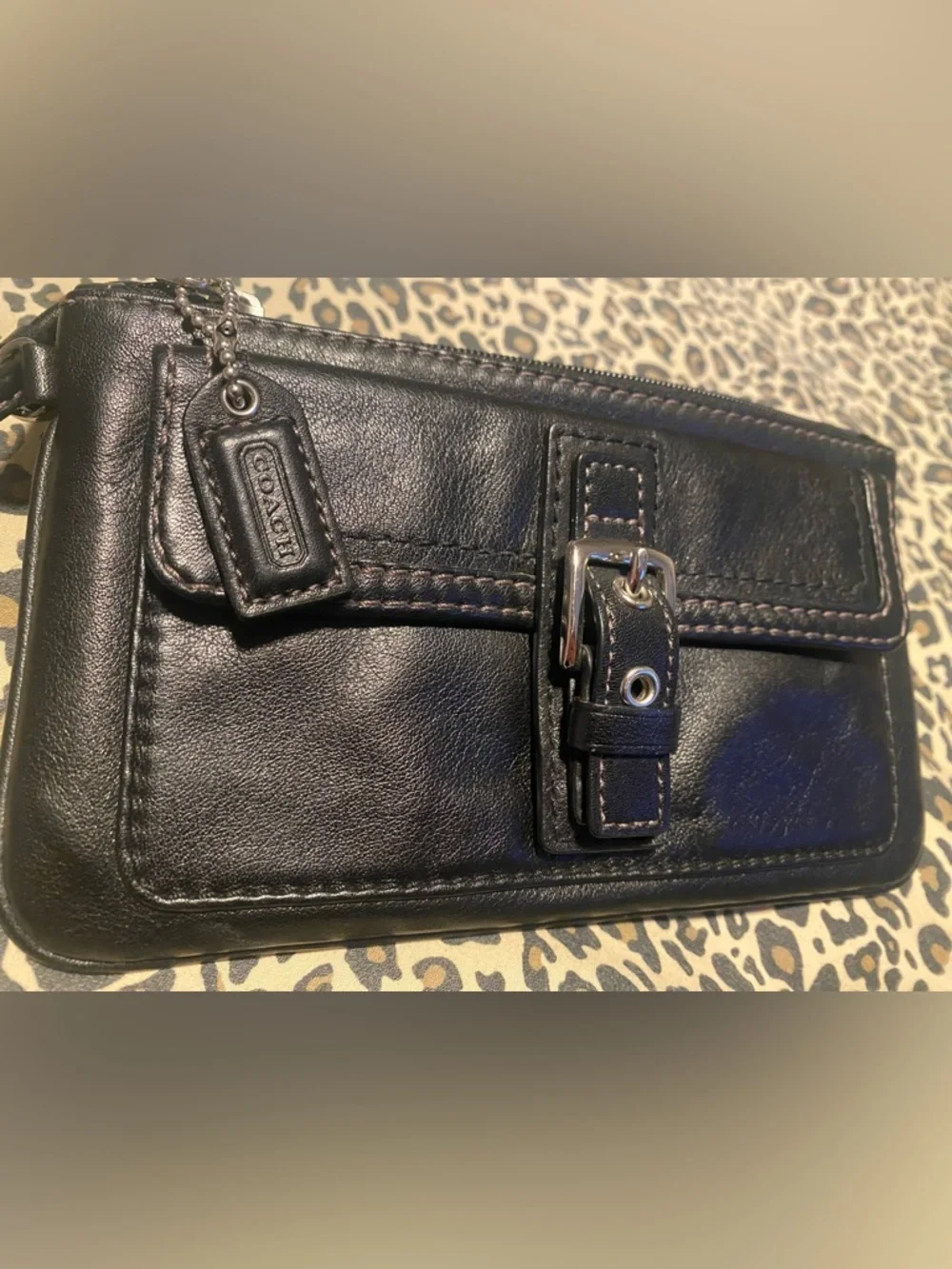 Coach Black Leather Wristlet Clutch with Buckle Accent